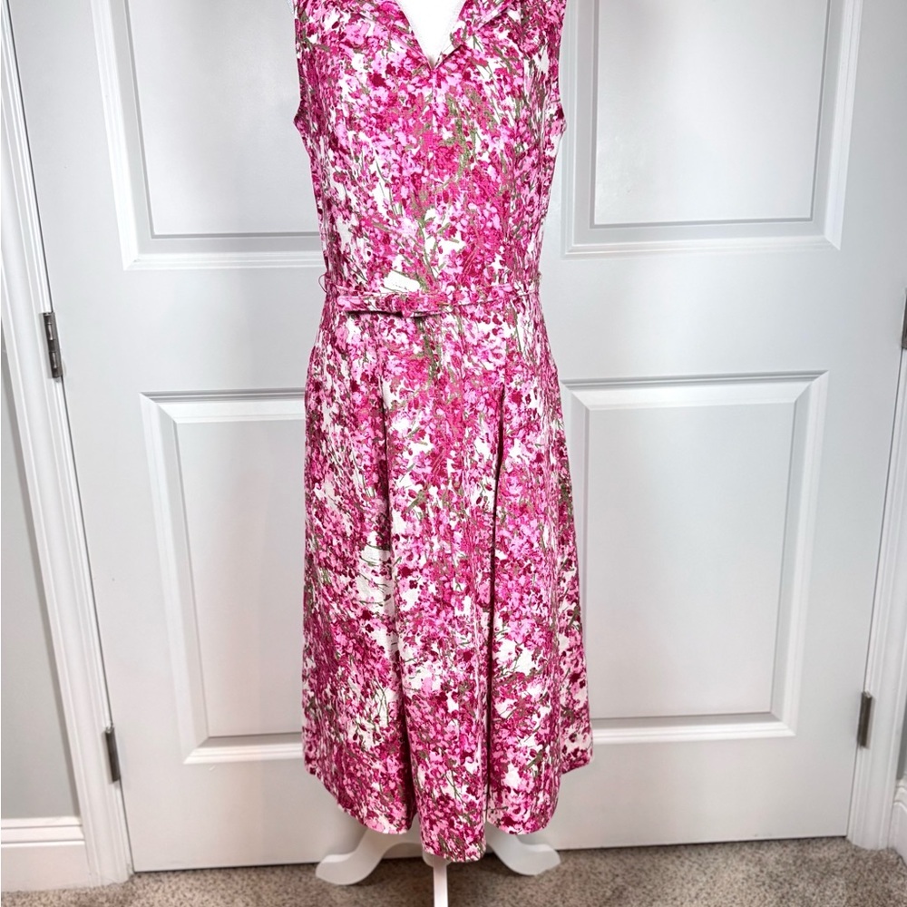 Pink Floral Linen Belted Midi Dress Sleeveless Summer Garden Party Resort Brunch